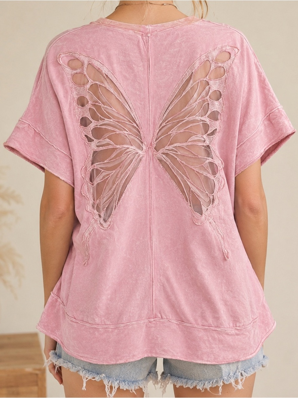 🦋💗 J.HER 100% COTTON Pink Butterfly Sheer Cutout Mineral Wash Oversized Top S